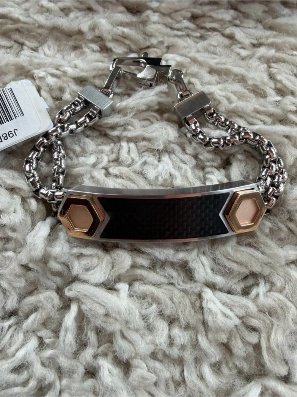 Bulova Silver Bracelet with Rose Gold Accents and Black Carbon Fiber Inlay